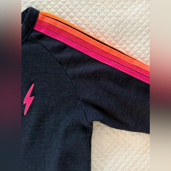 Aviator Nation Bolt Cropped Five Stripe Sweatshirt in Navy w/Neon Stripes SZ L - Picture 9 of 13